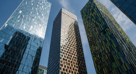 Naklejka premium Three Modern Skyscrapers with Unique Facades Under a Clear Sky