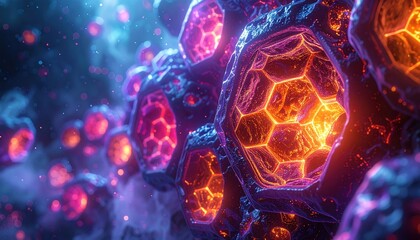 Abstract glowing hexagonal core structure symbolizing futuristic energy source or cosmic cell cluster representing idea of science discovery and evolution