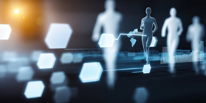 Runner silhouette moving through futuristic digital interface with floating data elements.