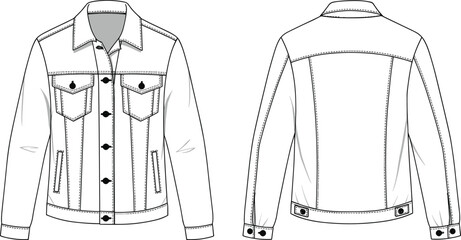 Cad drawing flat vector illustration, denim jacket technical sketch front back view, fashion garment template, apparel design, clothing blueprint