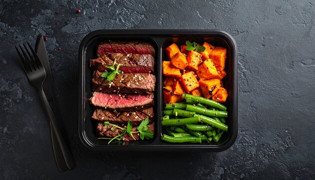 Balanced and flavorful gourmet meal box with steak, sweet potatoes, and green beans for healthy eating - Powered by Adobe