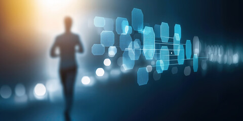Runner silhouette moving through futuristic digital interface with floating data elements.