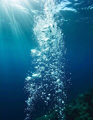 Fototapeta premium Sunlight Pierces Through Water Illuminating Bubbles Flowing Upward from Dark Ocean Floor