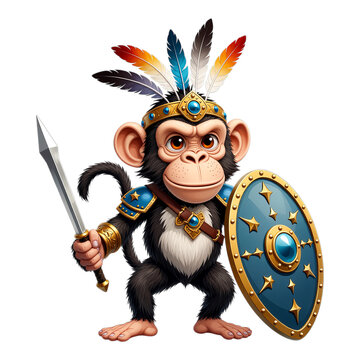 Glossy Gold Monkey Warrior Shield, Transparent Background, 3D Realism Graphic