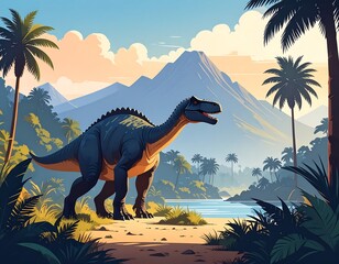 Dinosaur by a river in a tropical landscape