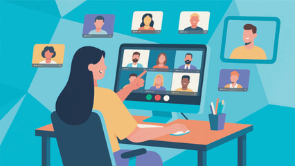 illustration of a woman sitting at a table and participating in a video conference vector design template