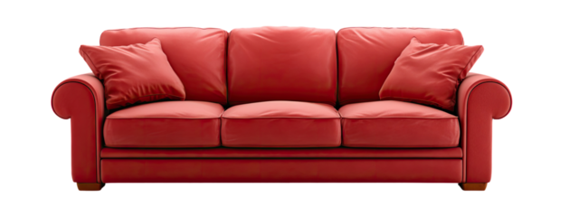 Red leather three-seater sofa with classic armrests