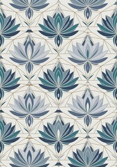 Fototapeta premium Elegant floral seamless repeat pattern, stylized lotus flowers with geometric