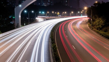 Night City Highway: Light Trails of Cars on a Curved Road at Night