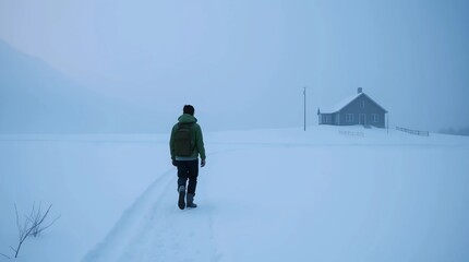 Lone man walking across snowy open field