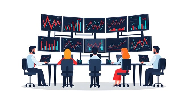 Stock Market Trading Room Diverse Traders Analyze Complex Financial Data on Multiple Screens for Investment Success