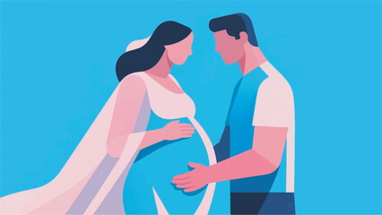 illustration of a pregnant woman being held by her husband's stomach vector design template