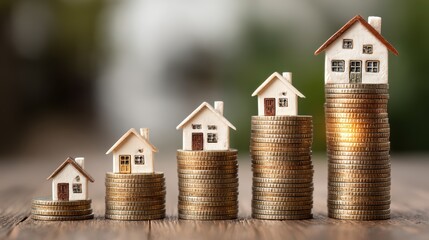 Detailed CloseUp of Stacked Coins symbolizing Rising Home Prices, Artistic House Model Overlay.