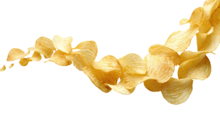 Crispy potato chips, a wavy stream of golden-yellow, thin chips, against a black background