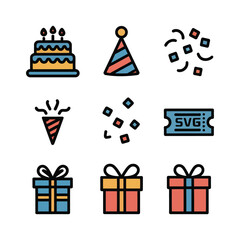 Festive birthday icons celebration party cake hat confetti gift box and ticket collection