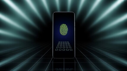 Smartphone with green fingerprint scanner on a dark futuristic background mobile phone cell phone