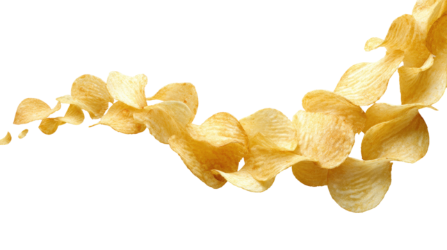 Crispy potato chips, a wavy stream of golden-yellow, thin chips, against a black background