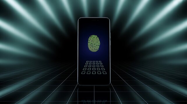 Smartphone with green fingerprint scanner on a dark futuristic background mobile phone cell phone - Powered by Adobe