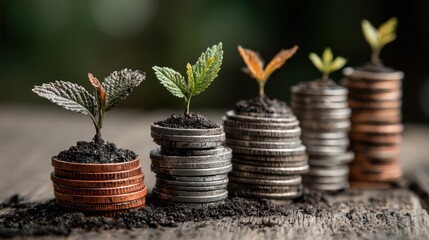 Striking Stack of Coins with Vibrant Seedlings Growing, Symbolizing Investment and Growth Ideal for Business Presentations and Motivational Projects.