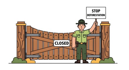 Park Ranger Holding 'Stop Deforestation' Sign at Closed Wooden Gate. Environmental Conservation Illustration