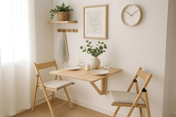 Minimalist Dining Corner with Wooden Folding Chairs. Scandinavian-inspired interior design.