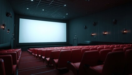 Empty movie theater interior.  Dimly lit