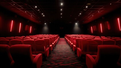 Empty movie theater, red seats, dark