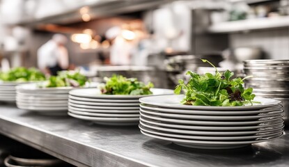 Stacks of white plates with fresh salads