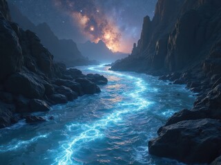 Enchanted river glowing under a starry night sky, with mountains in the background and cosmic hues