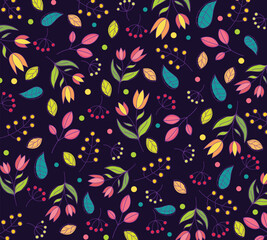 Various Branches, Flowers, Leaves, Berries. Hand drawn Vector illustration. Fresh green. Square repeating design for fabric, textile, wrapping paper. Colorful Seamless Pattern, Wallpaper, Background