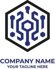 Modern Technology Logo with Hexagon and Circuit Pattern – Digital, IT, Cybersecurity, and Blockchain Branding Design