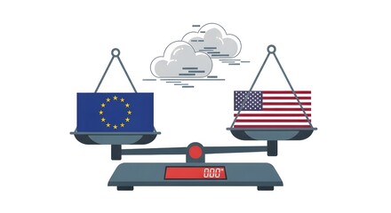 Fototapeta premium European Union and USA Flags on a Balance Scale with Data Clouds