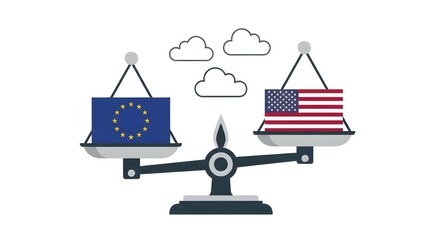 EU and USA Flags on Balance Scale: International Relations, Equality, and Global Partnership Concept