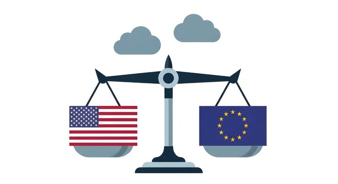 United States and European Union Flags on Balance Scale. International Relations, Trade, and Political Balance Concept.