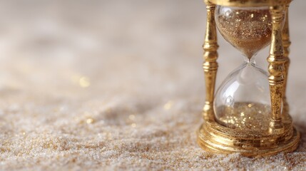 Fantasy sand clock emerging from golden sand, intricate design, surrounded by a minimalist landscape, evoking a sense of timelessness and serenity in a tranquil environment