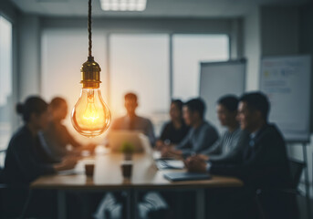 Glowing lightbulb in a meeting room with a blurred group of business people, symbolizing a new idea or innovation.