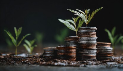 Stacks of coins with seedlings growing from the top