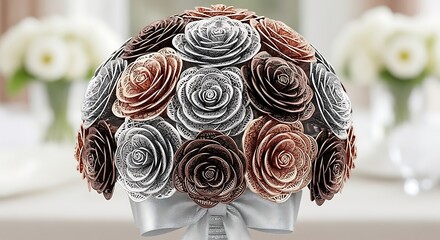 Metallic rose bouquet centerpiece with ribbon, modern floral arrangement