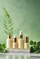  Natural Cosmetic Bottles with Greenery on Marble Base