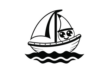 Cartoon sailboat with large eyes navigates gently through the rippling water gracefully