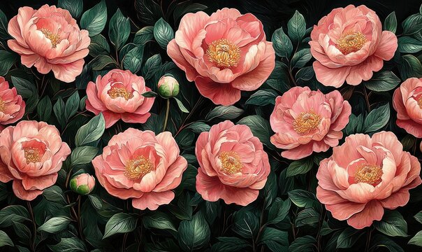 Detailed floral wallpaper featuring a profusion of delicate, pinkish-peach peonies amongst dark, lush foliage