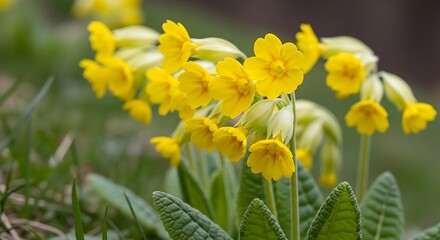 Fototapeta premium Vibrant yellow primroses blooming in a lush green garden.