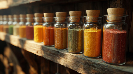  A row of glass jars filled with colorful spices on an old wooden shelf, showcasing unique colors and textures. Perfect for cooking-themed designs. 