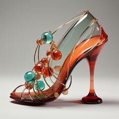 A vibrant, translucent high-heeled shoe adorned with colorful glass beads