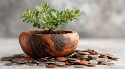 Vintage Wooden Pot with GrowthSymbolizing Green Leaves, Perfect for Business and Inspiring Creativity.