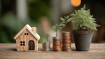 Wooden Miniature House Sitting atop a Table, Accompanied by a Green Plant and Coin Symbols Perfect for Creative Projects, Boosting Inspiration and Encouraging Relaxation.