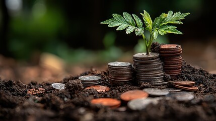 A Striking Financial Concept Featuring a Young Plant Growing on Piles of Coins Inspiring Creativity for Marketing and Branding.