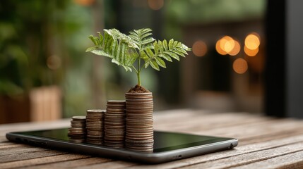 Vibrant Young Plant Sprouting from a Stacked Coin Display on a Modern Tablet, Inspiring Financial Growth and Sustainability in Advertising Campaigns.