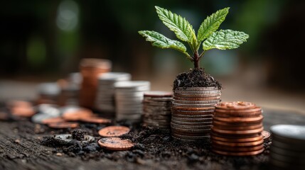 Striking Image of a Vibrant Plant Sprouting from a Pile of Coins Financial Growth Concept with Modern Aesthetic, Ideal for Dynamic Campaigns and Branding.