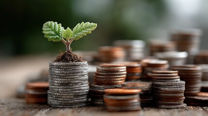 Vibrant Young Plant Sprouting From a Stack of Coins Symbolizing Growth and Investment Opportunities, Perfect for Motivational Content and Business Presentations, Evoking a Sense of.